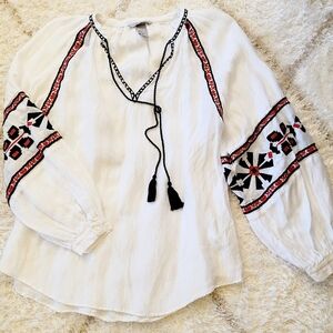 Boho Embroidered Peasant Blouse White | Folk Tassel Tie Top | Cottagecore Bohemi